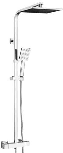 Auralum Colonna Doccia con Miscelatore Termostatico, Miscelatore Doccia con Saliscendi Doccia in Acciaio Inox Altezza Regolabile 97-130cm, Asta Doccia con Soffione Doccia Quadrato 25cmx25cm e Doccetta
