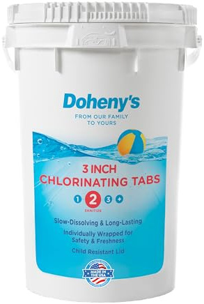 Doheny’s 3-Inch Stabilized Chlorine Tablets for Sanitizing Swimming Pools | 99% Pure Tri-Chlor, 90% Available Chlorine | Long-Lasting, UV-Protected, Slow-Dissolving | Individually Wrapped 50lb Bucket