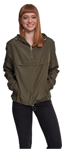 URBAN CLASSICS Women's Windbreaker Jacket, Pullover Rain Jacket with Hoodie, Longsleeve Hooded Ladies Raincoat, Lightweight & Water Repellent, Colour: dark olive, Size: Small