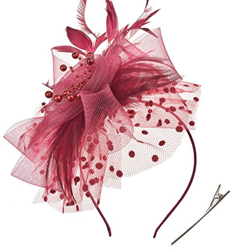 DRESHOW Fascinators Hut Blume Mesh Bänder Federn auf einem Stirnband und einem geteilten Clip Cocktail Tea Party Headwear für Mädchen und Frauen, - Burgundy - Gr. Einheitsgröße