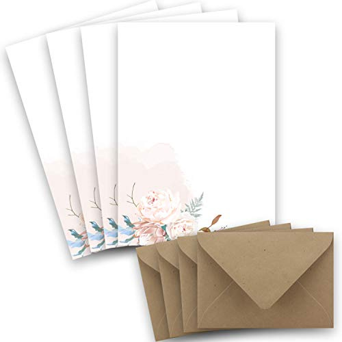 25 Briefbogen-Sets DIN A4 - Naturpapier mit Motiv Trockenblume - mit Briefumschlägen DIN C6 in Kraftpapier Braun Briefpapier bedruckbar ideal für Hochzeitseinladungen