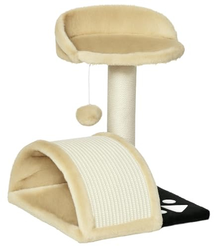 PawHut Arbre à Chat griffoir grattoir Design Jeu Boule Suspendue + Plateforme Peluche sisal Naturel Beige