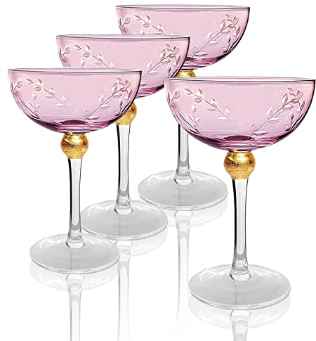 Colored Coupe Art Deco Glasses, Gold | Set of 4 | 8 oz Classic Cocktail Glassware for Champagne, Martini, Manhattan, Sidecar, Crystal Speakeasy Style Goblets Stems (Pink)