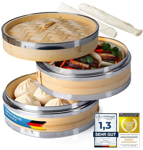 Dimono® Vaporera de bambú con acero inoxidable, Vaporera de 2 niveles con tapa, Cesta de cocción de arroz Cocedor de bambú para Sim Sum Dumplings, Verduras, Arroz, Carne, Pescado (Ø 20 cm)