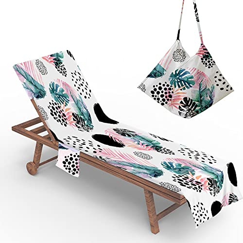 Morbuy Green Leaves Beach Towel with Pockets, Beach Chair Cover Towel, Super Absorbent Microfiber Portable Holiday Sun Lounger Towel for Swimming Pool SPA Travel (Tropical Pink,73x210cm)