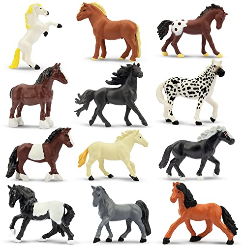 toymany 12PCS Tiny Horse Figurines Toy Set, Plastic Pony Small Foal Figures | Miniature Farm Animal Figures Christmas Birthday Gift Cupcake Cake Topper Party Favor Educational Toy School Prize for Kids
