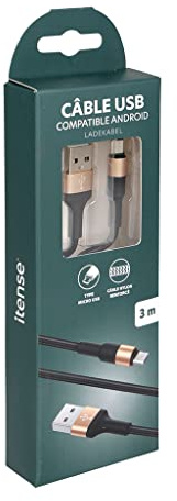 itense - Câble de charge rapide en nylon type micro-USB - Longueur câble: 3m - Compatible Android - Ultra résistant - Puissance: 5W - Embouts renforcés pour une meilleure durabilité