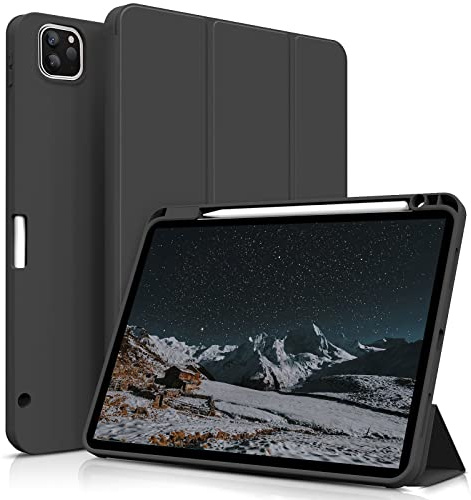 aoub Hülle für iPad Pro 11 Zoll 4./3./2. Generation 2022/2021/2020 | Hülle für iPad Pro 11 mit Stifthalter, Kann Pencil 2 Aufladen, Weiche Silikonhülle, Auto Schlafen/Wachen, Sturzfest, Schwarz