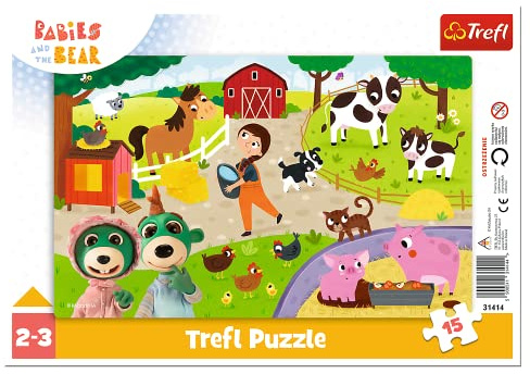 Trefl - Babies and the Bear, Adorabili Bambini - Puzzle a Cornice, 15 Pezzi Grandi, Cornice e Tappetino Rigido, con Personaggi Delle Fiabe, e Orsacchiotti, per Bambini a Partire da 2 anni