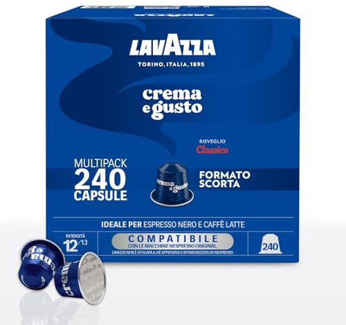 Lavazza, Crema e Gusto Classico, 240 Capsule in Alluminio Compatibili con Macchine Nespresso* Original, Note di Spezie, Cioccolato e Legno, Arabica&Robusta, Intensità 12/13, Tostatura Media, 3 Pack