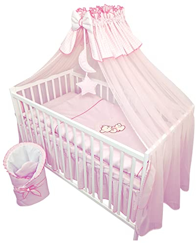 Bello24 - 11 Teiliges Kinderbettwäsche Babybettwäsche Komplettset ohne Bett Bestickt mit Teddybär auf dem Mond Rosa (90x120 cm)