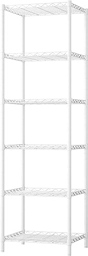 FTEYUET 6-Tier Metal Shelving Unit, Wire Shelving Unit, Kitchen Storage Unit Shelving Units for Storage, Heavy Duty Standing Shelf Units Shelves for Kitchen Laundry Organization (White)
