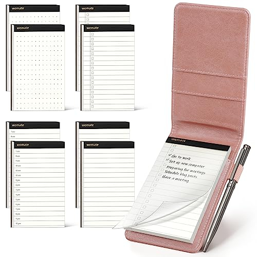 WEMATE Notizblockhalter aus PU-Leder – Mini-Notizblöcke mit 8 Minen und Metall-Kugelschreiber für Meetings, tägliche Aufzeichnungen und Notizen Roségold