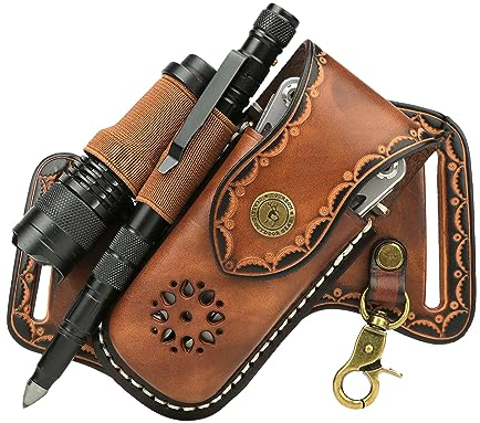 TOURBON Leder-Multitool-Taschenorganizer, EDC-Etui mit Schlüsselhalter für Gürtel, Taschenlampe, Holster