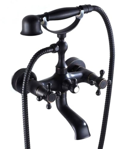 Badewannenarmatur Mit Handbrause Vintage - Messing Doppelhebel Wandmontage Wannenarmatur Dusche Set, Schwarz