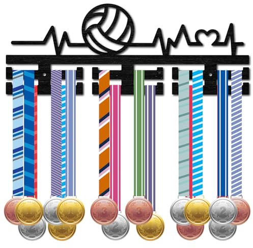 CREATCABIN Volleyboll trämedaljhållare, väggfäste för sportmedaljer, väggmonterat på 30 medaljer, band, stjärntrofé för idrottare tävling, medaljist 15,7 x 5,9 (1) cm