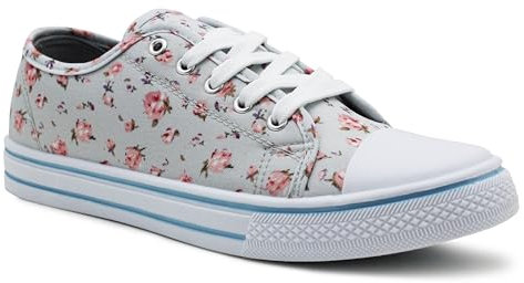 DEK Womens Ladies Canvas Lace Up Denim Floral Baseball Sneakers Casual Flat Plimsoll Trainers Fashion Pumps (Grey Floral, UK Footwear Size System, Adult, Women, Numeric, Medium, 7)