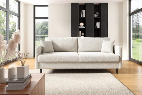 LIKMA 3 Sitzer Sofa Mara 209 cm mit Schlaffunktion und Bettzeugbehälter, Bouclé Schlafsofa mit Bettkasten, Moderne Couch, Sofagarnituren, Bettsofa Farbe: Creme, Stoff: Lambi 8