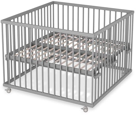 Sämann Laufstall Baby mit Lattenrost | stufenlos höhenverstellbar | Laufgitter Premium | Babybett aus Holz | Krabbelgitter (grau, 100x100 cm)