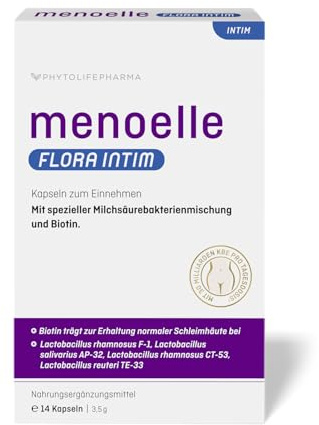 menoelle Flora intim Milchsäurebakterien Kapseln mit Biotin, 14 Tage Kur | 4 Lactobacillus-Stämme, 30 Mrd. KBE - trägt zur Erhaltung normaler Schleimhäute bei, vegan, ohne Hormone, Made in Germany