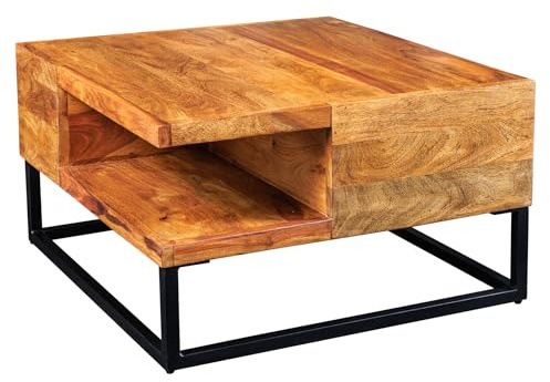 Couchtisch GIANT 60cm - schwarz - Sheeshamholz - handgefertigt Unikat | Massiv, montiert, Stauraum, hochwertig, individuelle Maserung, robust, Industrial Design, Ablagefach, Metallgestell