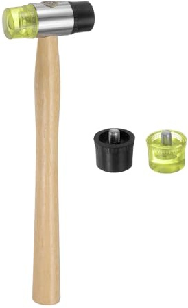 sourcing map Double Head Hammer 30mm/1.2 Diameter Plastic & Polyurethane Double-Faced Soft Hammer with 2 Replacement Heads Wooden Handle for Wood Flooring Installation, Black Yellow