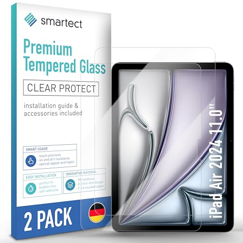 smartect Schutzglas 2 Stück für iPad Air 2024 11.0 | HD Panzerfolie Anti-Kratzer, Displayschutz 0.3 mm Ultra-klar, 9H Härte, Stoßfest, Blasenfrei