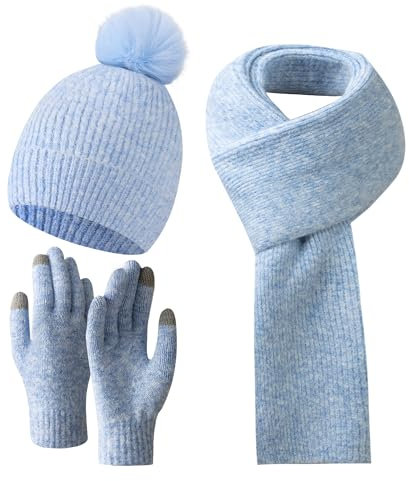 SERENYOU Wintermütze Schal Handschuhe Set Frauen gestrickte Mütze mit Pom Pom Touchscreen Handschuhe Schal 3 in 1 Warmes Set Blau