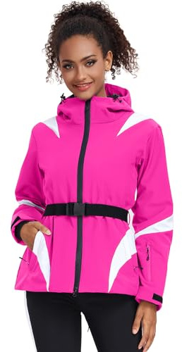 ALSOGO Cappotto da Donna per Sci Idrorepellente e Isolante Snowboard Montagna con Cappuccio Giacca da Neve con Cintura, Rosa, S