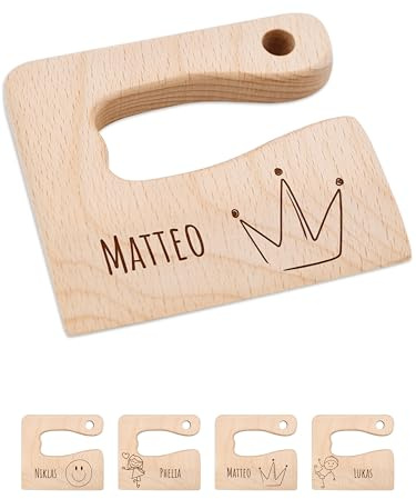 Bärenfreunde® - Personalisiertes Montessori Kinder Messer mit Gravur - Sicheres Holz Baby Besteck mit abgerundeten Kanten - Geburtstag Baby Geschenk (Krone)