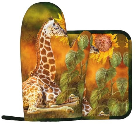 Guanti da forno in silicone con giraffa e girasole e presina per grigliare e cuocere al forno
