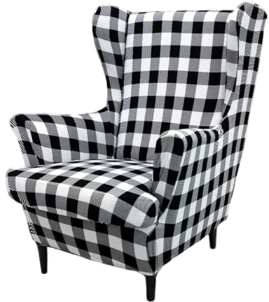 Hixingo 2-Teilig Ohrensessel Überzug, 3D Weihnachten Sesselbezüge Stretch Ohrensessel Bezug Abnehmbar und Waschbar für Wohnzimmer Schlafzimmer Hotel Sesselschoner (Schwarz kariert,One Size)