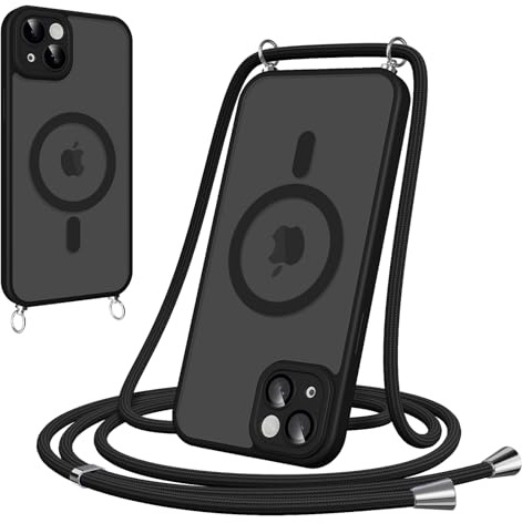 Woijrly Coque Magnétique pour iPhone 15 avec Cordon, [Compatible avec MagSafe] Etui Translucide Mat Arrière Anti-Jaunissement Antichoc Réglable Téléphone Portable Lanyard Case Protection, Noir