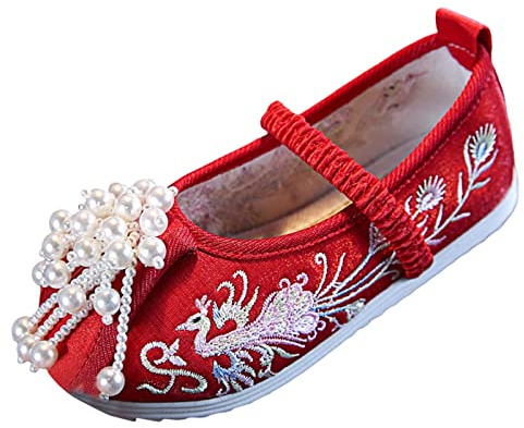 Girls Embroidery Flat𝘀 𝐇𝐚𝐧𝐟𝐮 Shoes Chinese Traditional Vintage Ethnic Strap Platform Sandals for Teen Girls (Red-5, 13 Big Kids)