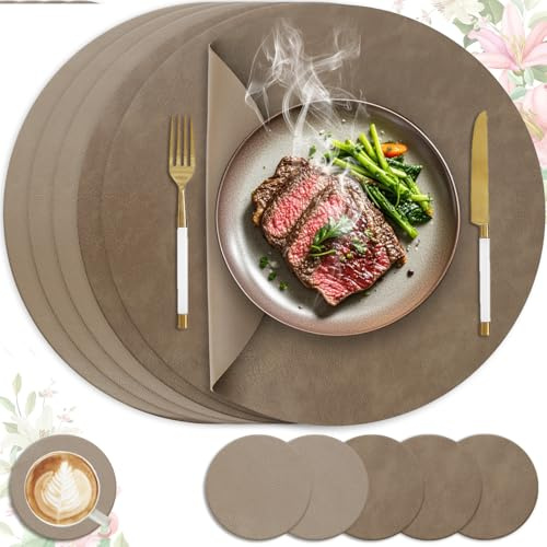 HELI MIAO 6er Set Tischset aus Leder-Imitat，Platzsets abwaschbar und wasserdicht，Platzdeckchen Lederoptik mit Untersetzer,Tischuntersetzer Doppelseitigen rutschfest(Rund,braun)