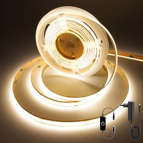 FUIQI COB LED Streifen 3m,warmweiß 3000K 24V COB LED Band Mit Adapter,Touch Dimmbar LED Streifen,320LED/M,CRI>90,8mmbreit,Lichtband LED geeignet für Schlafzimmer,Küchen,Schränke