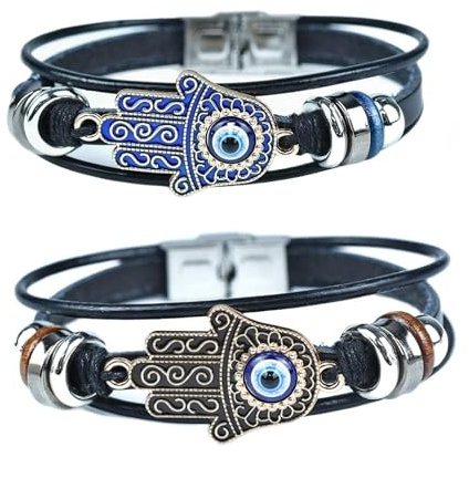 ZENRUIMING Lot de 2 bracelets en cuir avec mains de Fatma - Yeux bleus turcs - Œil du diable - Accessoire de protection porte-bonheur, Adjustable, Cuir, Pas de gemme