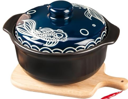 Cacerola Olla for estofado de cazuela de cerámica de 114oz/3400ml, cazuela de cerámica con patrón en relieve de pescado azul, perfecta for cocina a fuego abierto, Gas, sopa