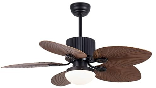 Ventilatore da soffitto con Luce Tropicale, 52 Pollici, Telecomando, 6 velocità, Luce, Ventilatore da soffitto Nero, Silenzioso, ventilatori da soffitto Vintage per Interni, Pale d