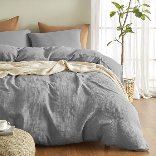 Bailix Premium Musselin Bettwäsche Sets 135x200 4 teilig 100% Baumwolle atmungsaktiv & bügelfrei 2er Bettbezüge 135x200cm + 2er Kissenbezüge 80x80cm Oeko-Tex Bettwäsche-Sets mit Knöpfe Grau