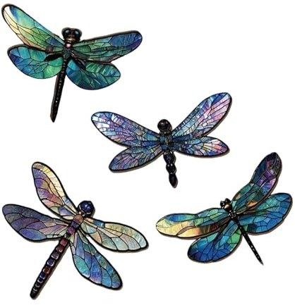 4Pcs Colorful Dragonfly Wall Art for Garden Fence Outdoor Decor, Hanging Sculpture Ornaments for Indoor Home Bedroom Living Room Courtyard Yard Shed Wooden Decoration