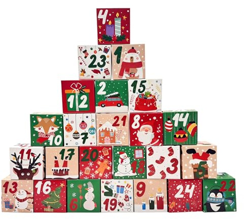 Adventskalender zum Befüllen mit 24 Schachteln in festlichen Weihnachtsmotiven (Rot und Grün) – Perfekt für kleine Geschenke, Pralinen und Überraschungen für die Adventszeit