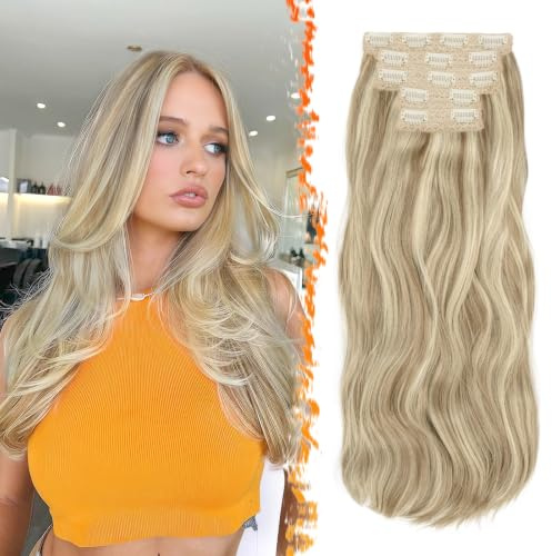 BARSDAR Clip i hårförlängningar blond, 50 cm vågigt lager klipp i hårförlängningar för kvinnor, 5 st spets peruk full syntetisk hårdel, hårförlängning – smutsig blond balayage | 5 st lager mjuk våg, spetsväv, silkeslen mjuk voluminös lätt, lätt att bära bekväm passform, trasselfritt naturligt utseende