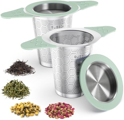 Yomanta Infuseur Thé 2 pièces - Filtre à Thé en Acier Inoxydable 304, Poignée et Couvercle en Silicone, Maille Fine de 0,4 mm, Infuseur pour Tasses et Théières - vert