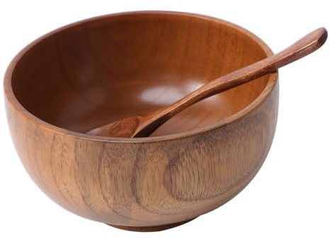 Bol à Riz en Bois 2 Pièces, Service Bol et Cuillère | Marron, Grain Délicat, Léger et Résistant aux Fissures, Buffet et Restaurant
