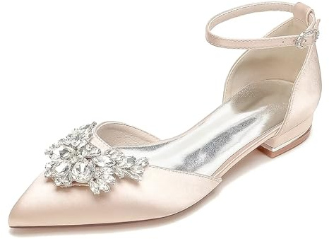 Scarpe da Sposa in Raso con Fiore di Strass, Ballerines a Punta Eleganti, Tacco Basso 2.5cm per Cerimonia