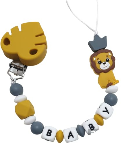 Löwe Silikon Schnullerkette mit Wunschname – Löwe Motiv – Personalisierter Schnullerhalter – BPA-frei & Handgemacht – Perfektes Babygeschenk zur Geburt oder Babyshower (Senf)