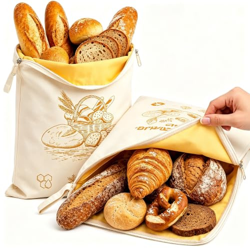 Beeswax Bread Bags for Homemade Bread, 2 Pack Sourdough Bread Storage Bags | Reusable Beeswax Bread Bag with Easy Access Zipper,43×33CM Bread Bag Beeswax Lined, Keep Bread Fresh Longer,Bakery Essentials