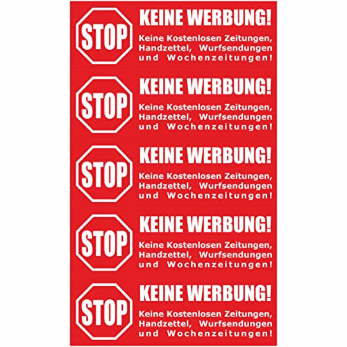 Briefkastenaufkleber - Achtung Stop Bitte keine Werbung! 1 Aufkleber rot - 105x35mm - Keine kostenlosen Zeitungen, Handzettel, Wurfsendungen und Wochenzeitungen!