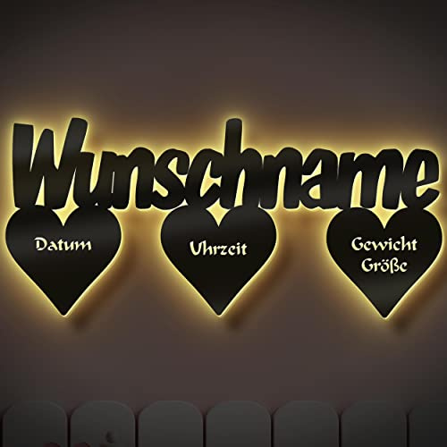 Schlummerlicht24 personalisierte Herz-Babylampe aus Holz mit LED | Mit Wunschname und Geburtsdaten – als Leuchte oder Namensschild für Baby- und Kinderzimmer zur Geburt oder Taufe.
